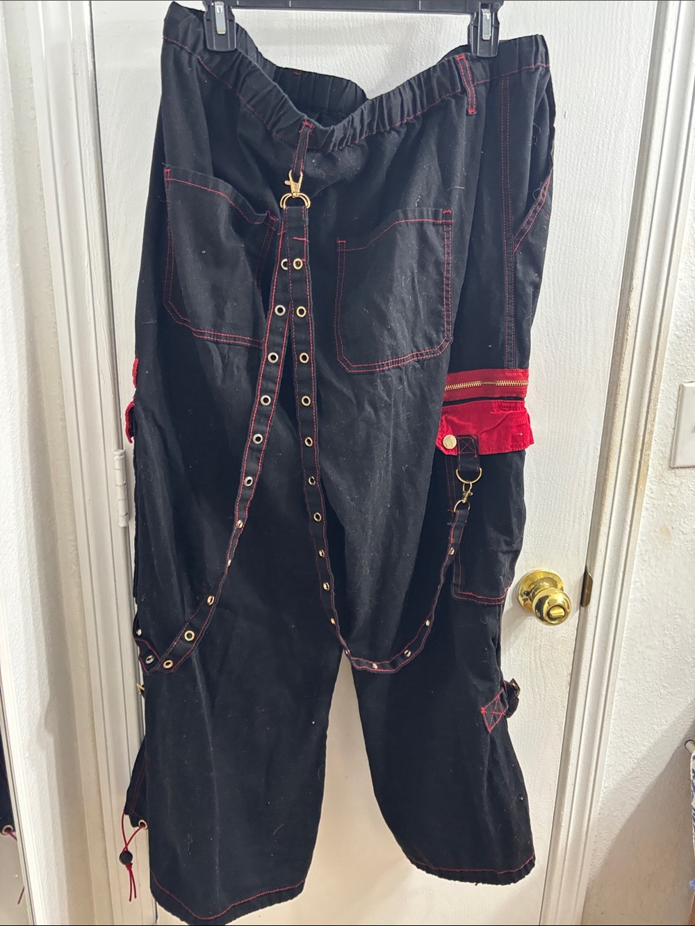 Women’s Black Utility Cargo Pants with Red Accents